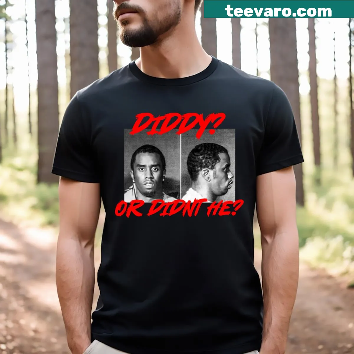 T-shirt featuring the phrase 'Diddy Or Didnt He?' in bold letters — on a men's t-shirt