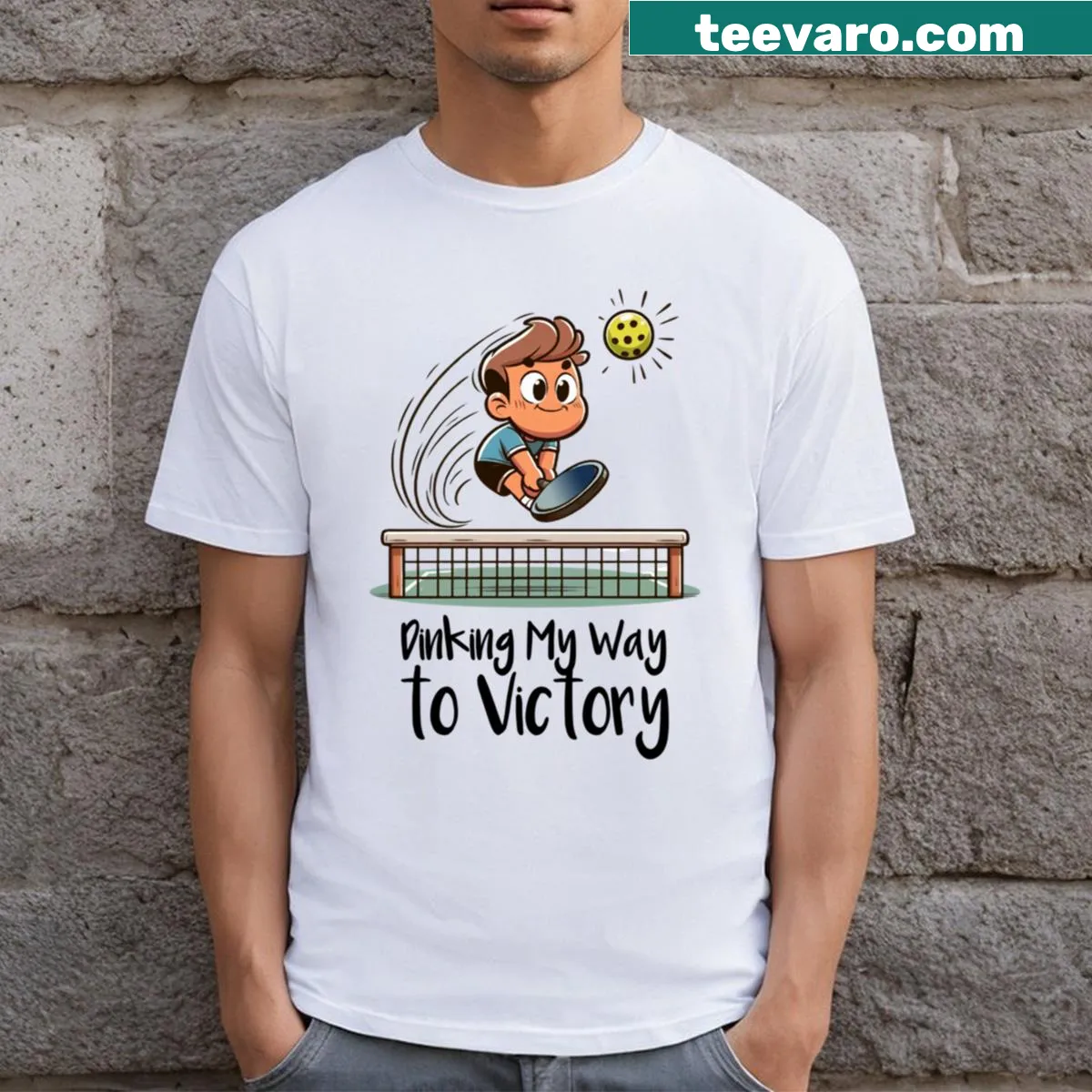Funny pickleball t-shirt with the phrase 'Dinking My Way To Victory!' for enthusiasts. — on a men's t-shirt