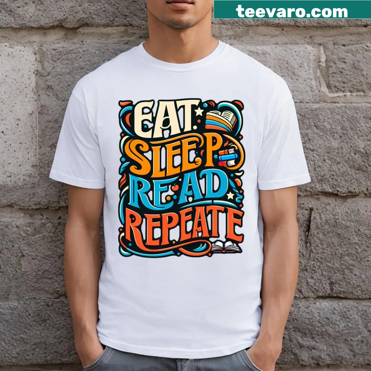 T-shirt with Eat Sleep Read Repeat slogan for book lovers — on a men's t-shirt