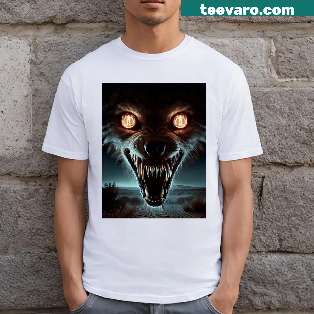 Illustration of an evil wolf with glowing eyes on a casual t-shirt — on a men's t-shirt