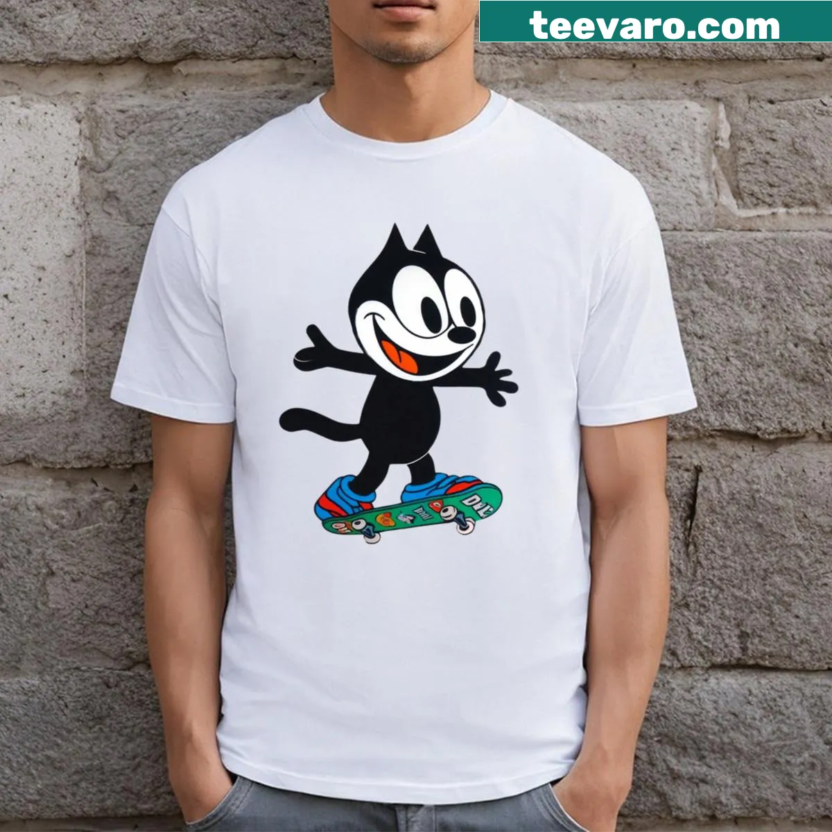 Felix the Cat skateboarding illustration on t-shirt — on a men's t-shirt