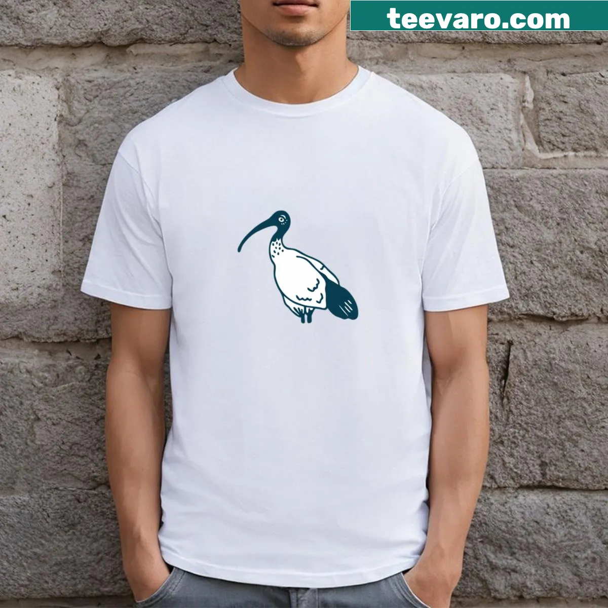 Cartoon graphic of an Ibis, known as a bin chicken, on a t-shirt — on a men's t-shirt