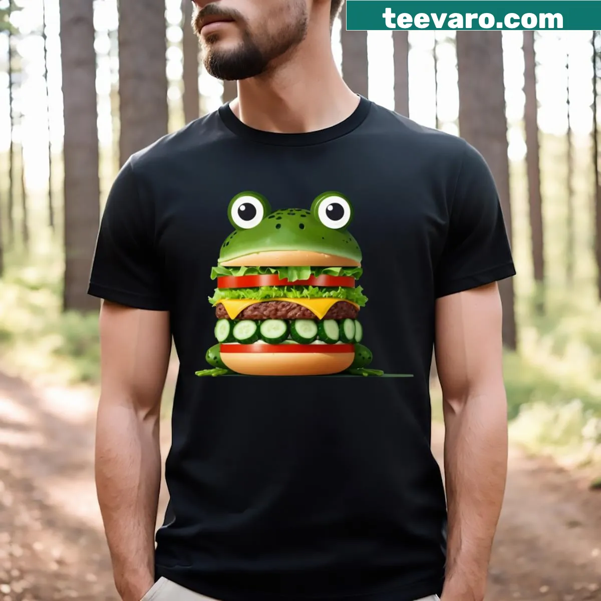 Cartoon frog enjoying a burger on a fun t-shirt — on a men's t-shirt