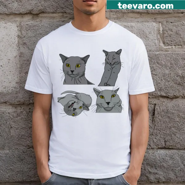 Long t-shirt featuring a cute grey cat making funny faces