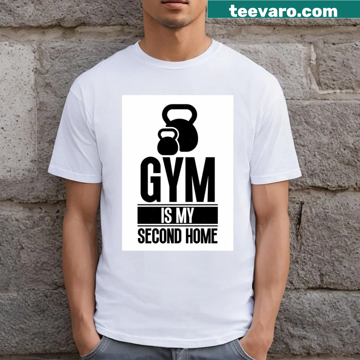 Gym Is My Second Home text on T-shirt — on a men's t-shirt