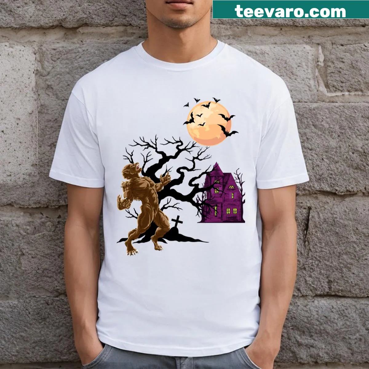Funny Halloween t-shirt with a werewolf illustration — on a men's t-shirt
