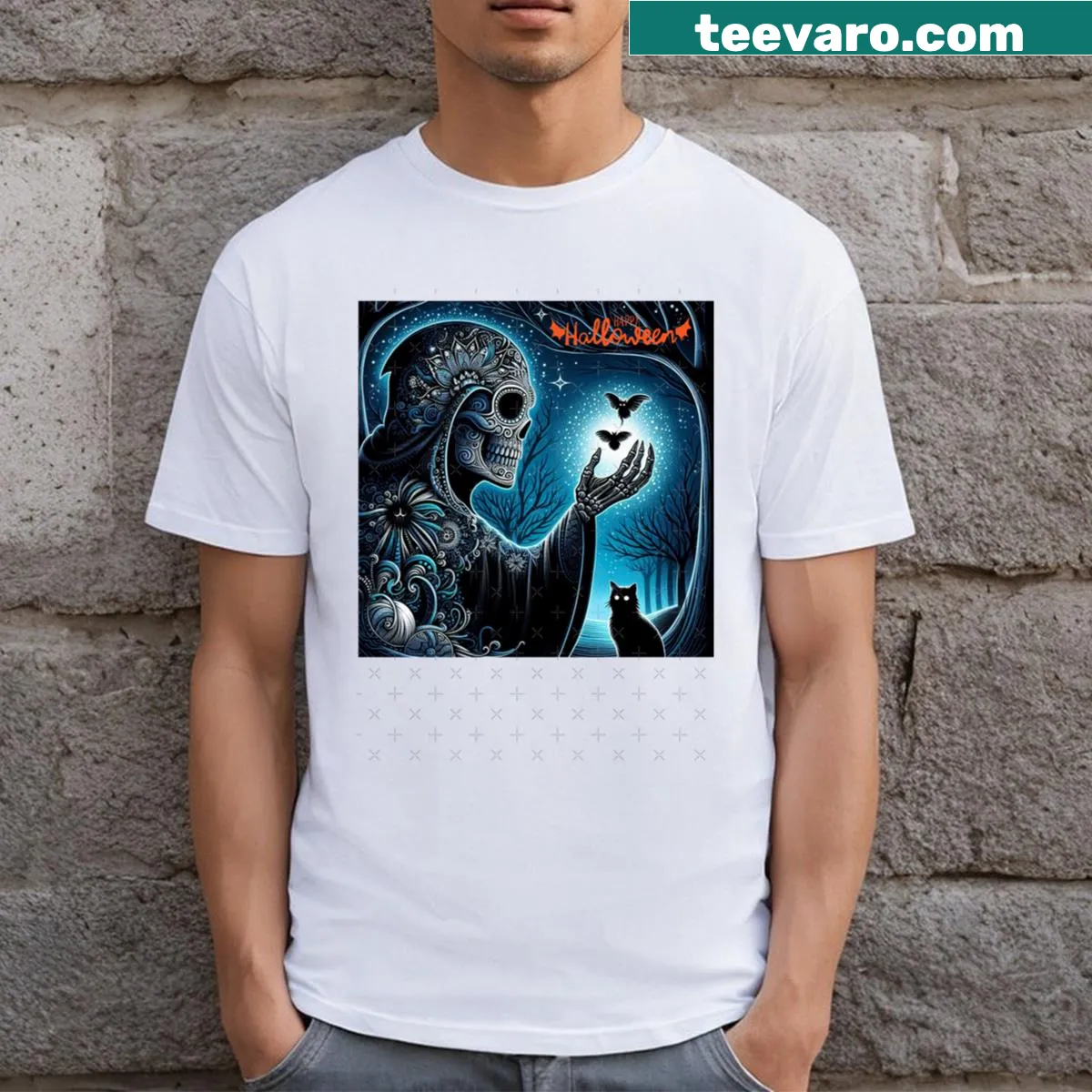 Cheerful Happy Halloween t-shirt with bold lettering — on a men's t-shirt