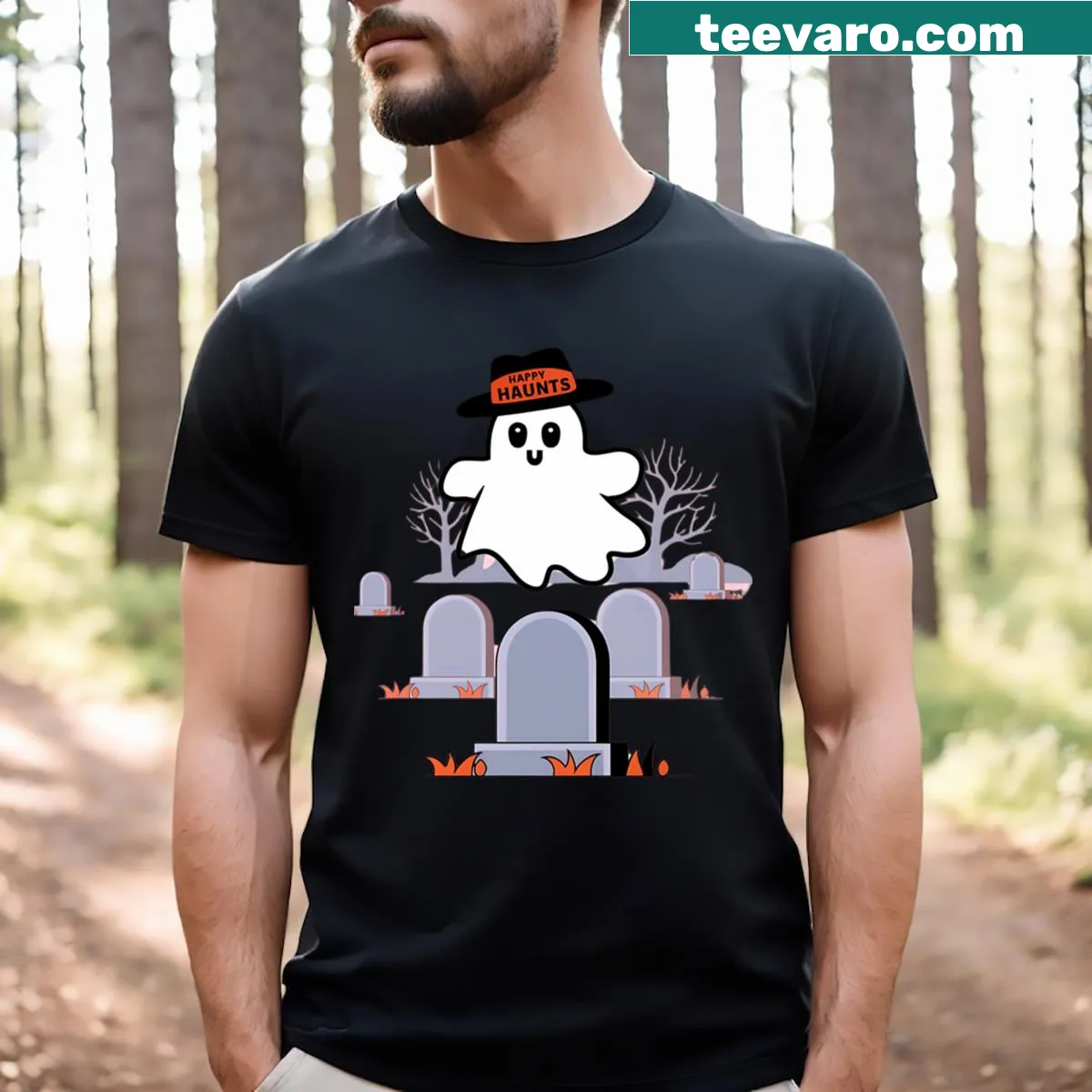 Whimsical Halloween t-shirt with happy haunts illustration — on a men's t-shirt