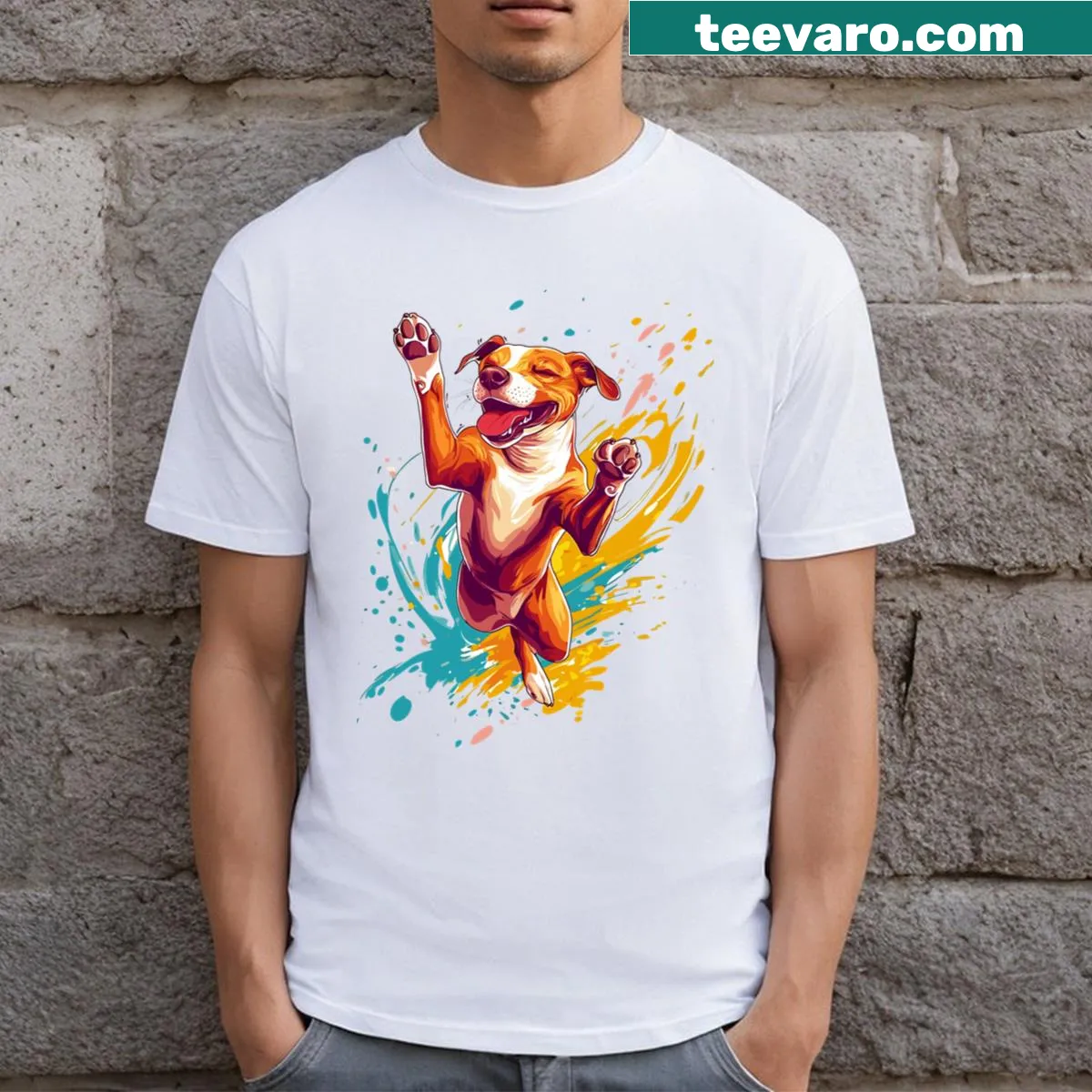 Happy jumping dog illustration on T-shirt — on a men's t-shirt