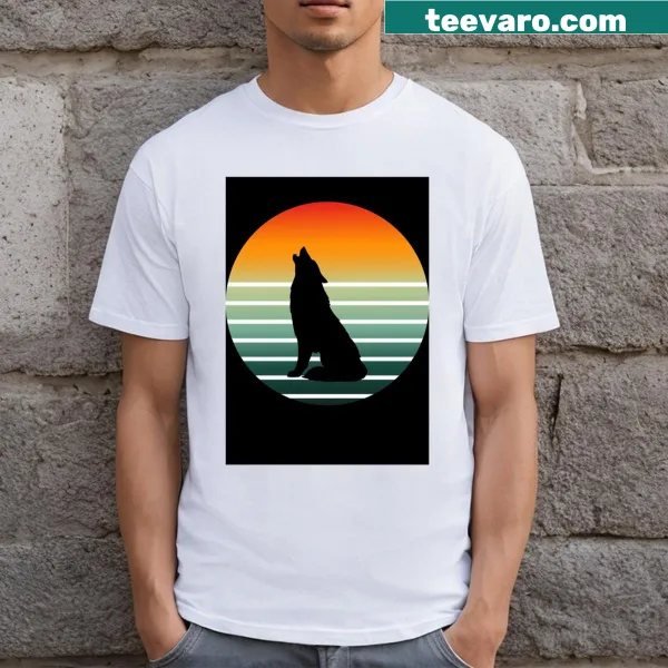 Illustrated T-shirt featuring a howling wolf under a starry sky