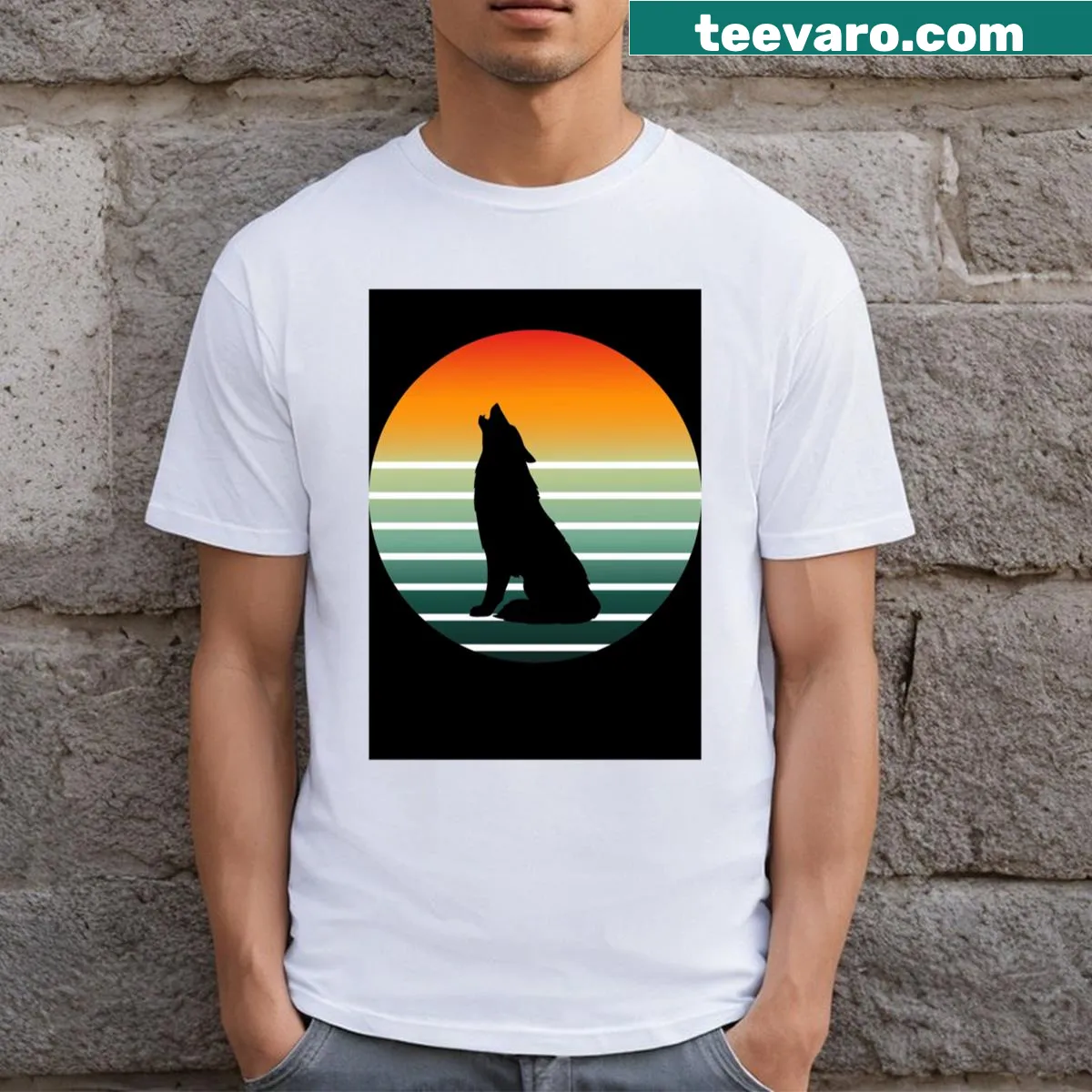 Illustrated T-shirt featuring a howling wolf under a starry sky — on a men's t-shirt