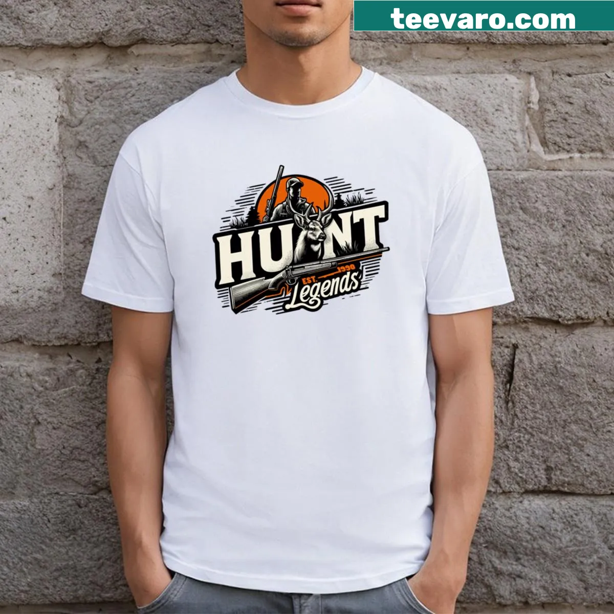T-shirt with a bold hunting emblem and deer graphics — on a men's t-shirt