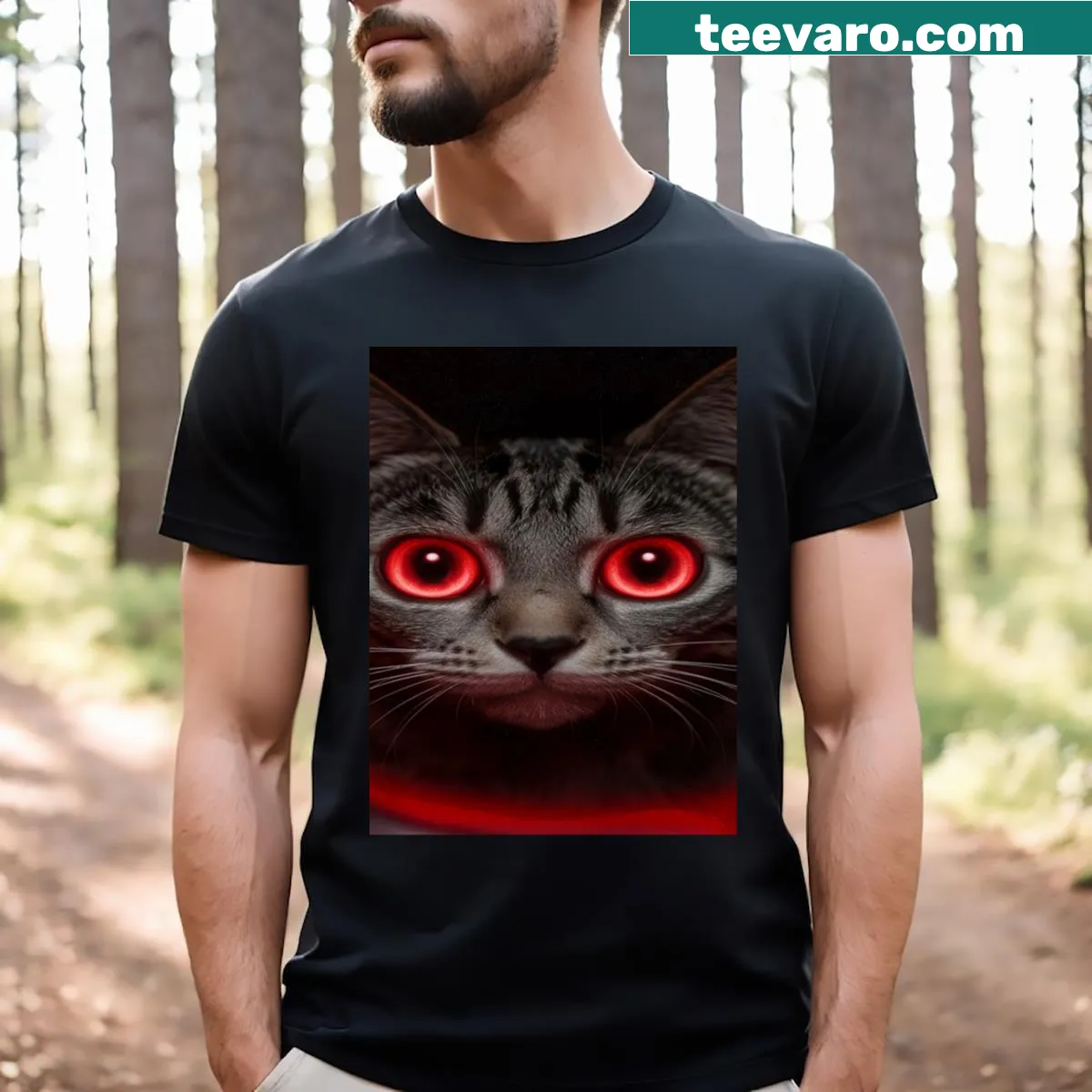 T-shirt featuring a cat with glowing red eyes in an artistic style — on a men's t-shirt