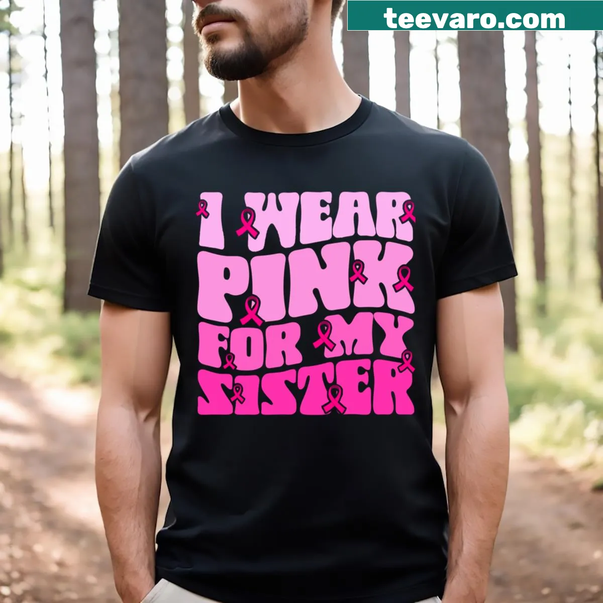 Pink ribbon T-shirt for breast cancer awareness and support — on a men's t-shirt