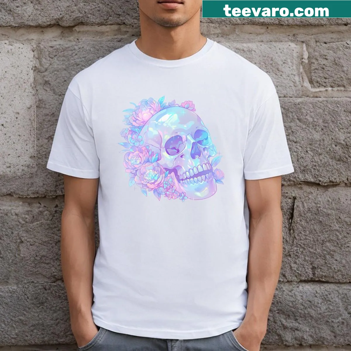 Iridescent graphic of a crystal skull on a t-shirt — on a men's t-shirt