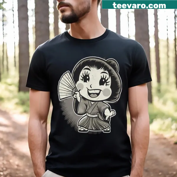 Vintage cartoon pop art of a Japanese geisha girl with a fan in kimono
