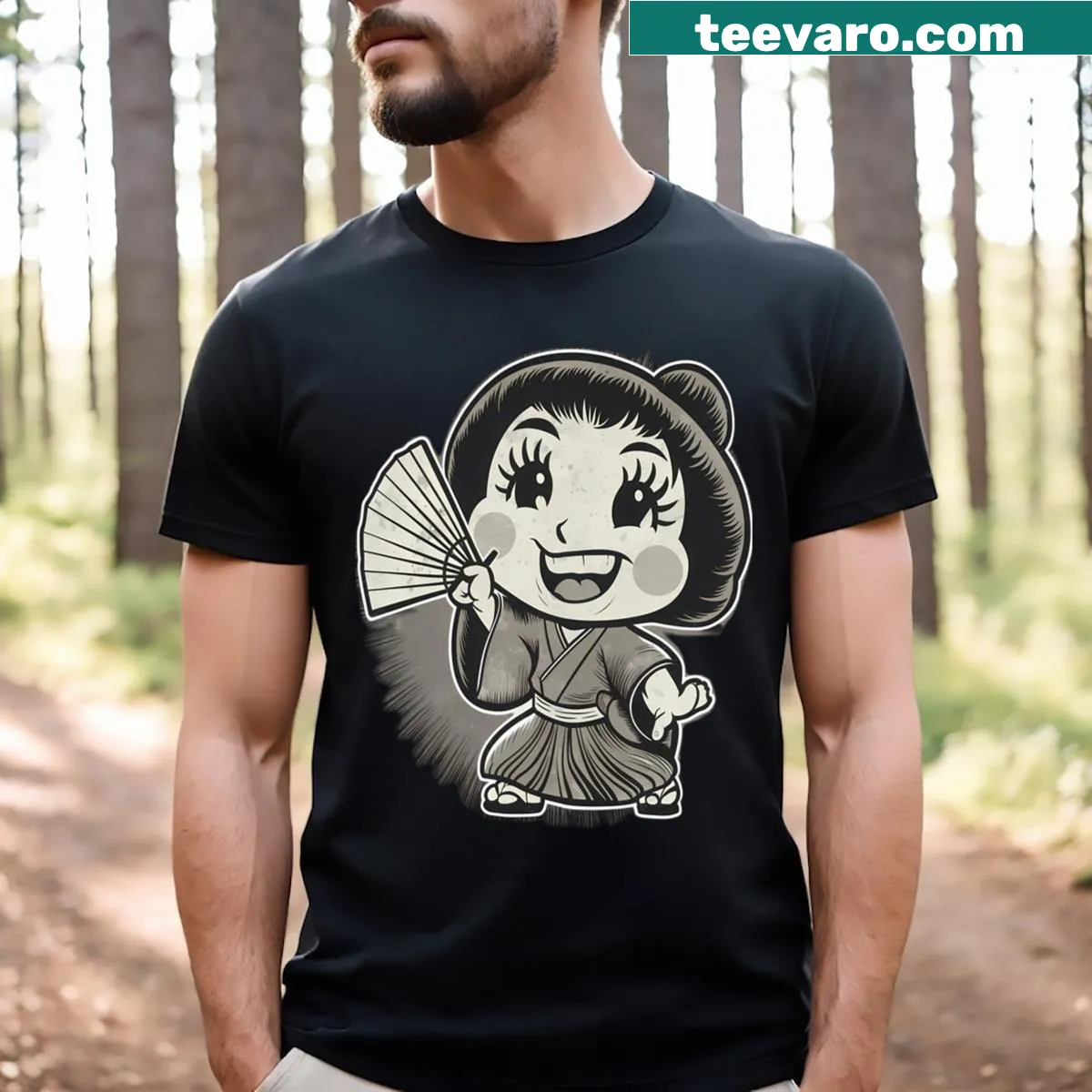 Vintage cartoon pop art of a Japanese geisha girl with a fan in kimono — on a men's t-shirt