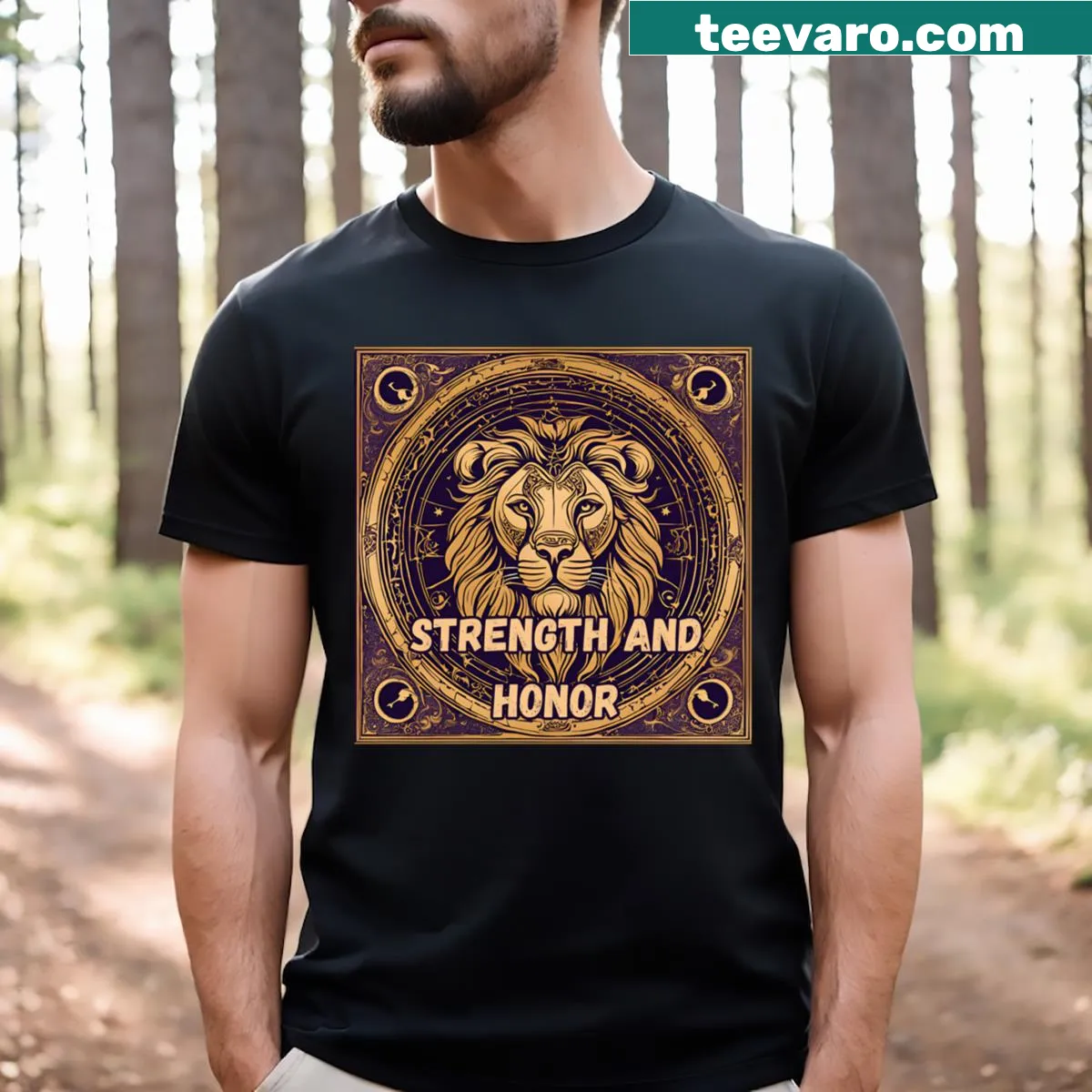 Majestic illustration of a lion with Leo zodiac sign text — on a men's t-shirt