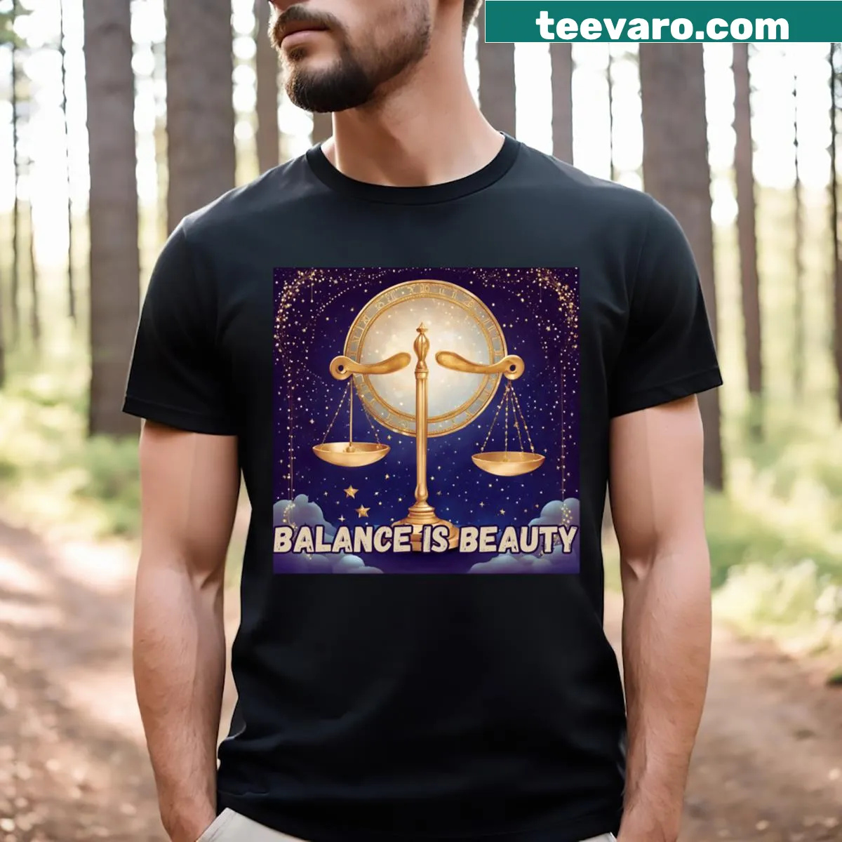 Artistic Libra zodiac design with the phrase 'Balance Is Beauty' — on a men's t-shirt