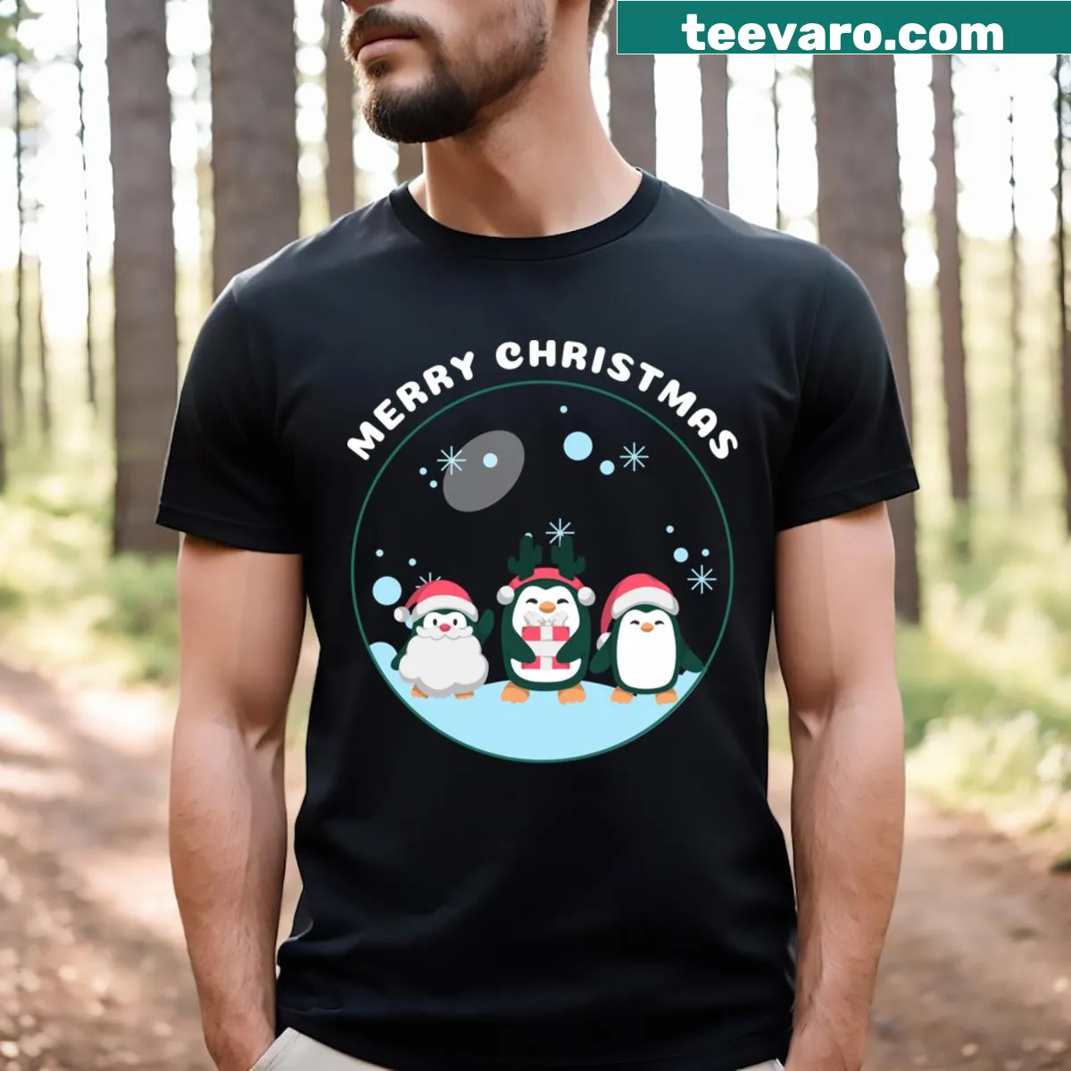 Cartoon penguin in Santa outfit on a T-shirt — on a men's t-shirt