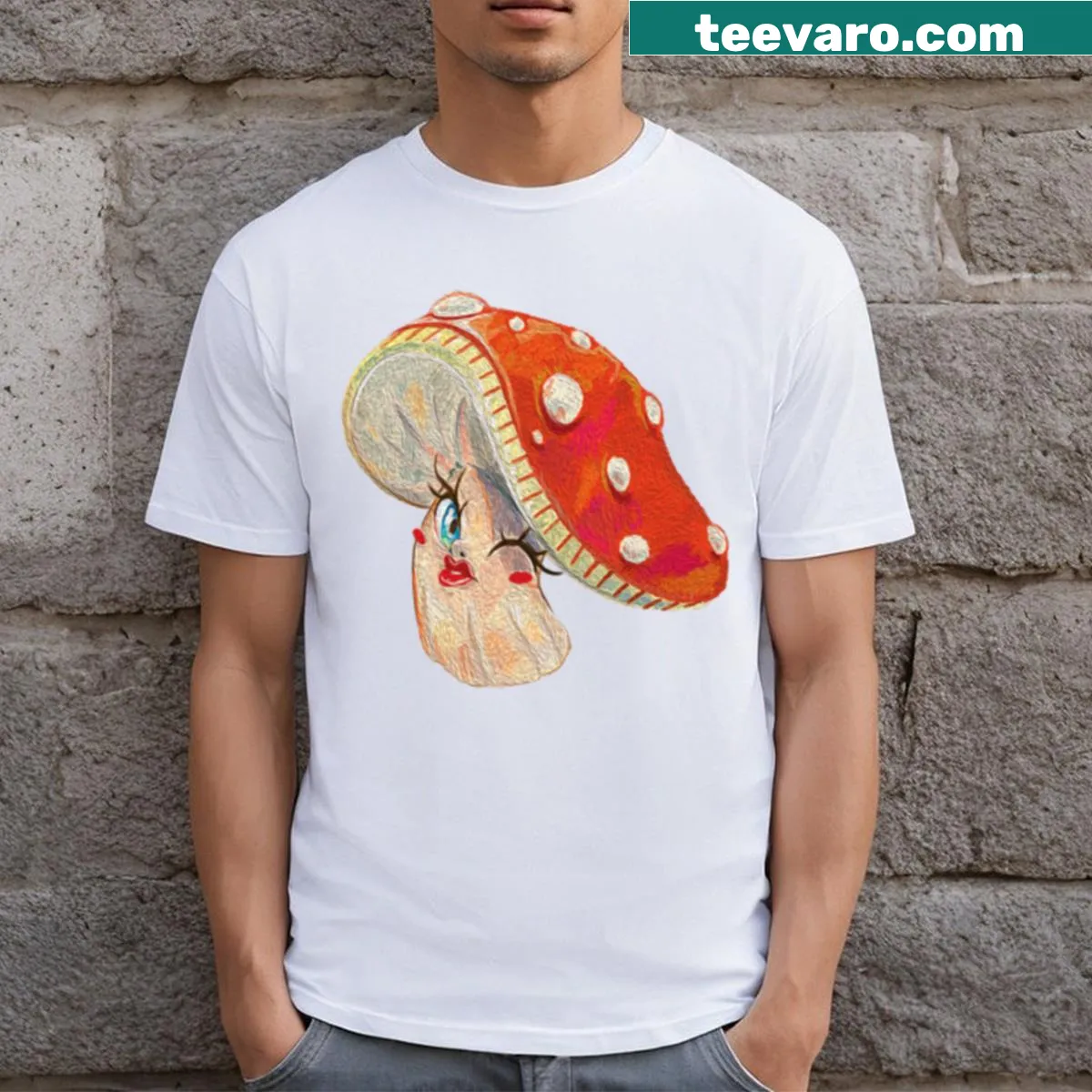 Adorable mushroom graphic with autumn theme — on a men's t-shirt