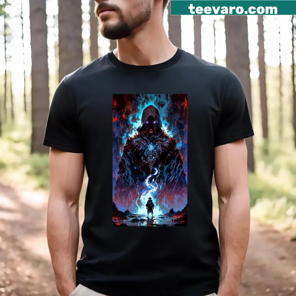 Illustrated T-shirt of hooded figures in a dramatic duel with flames