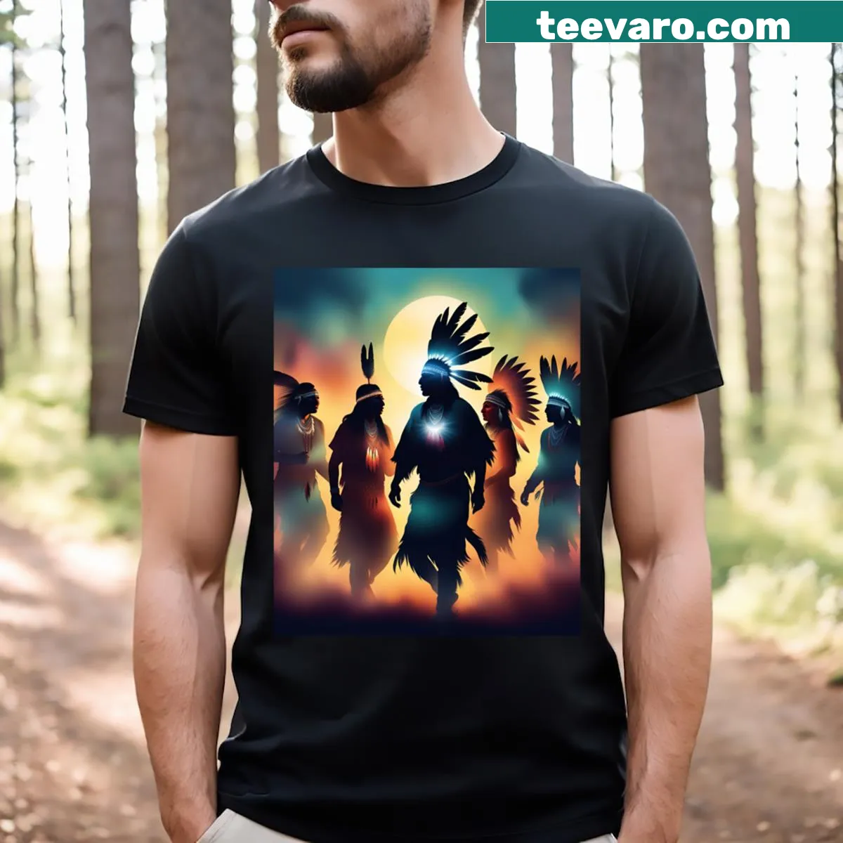 T-shirt celebrating Native American pow wow culture — on a men's t-shirt