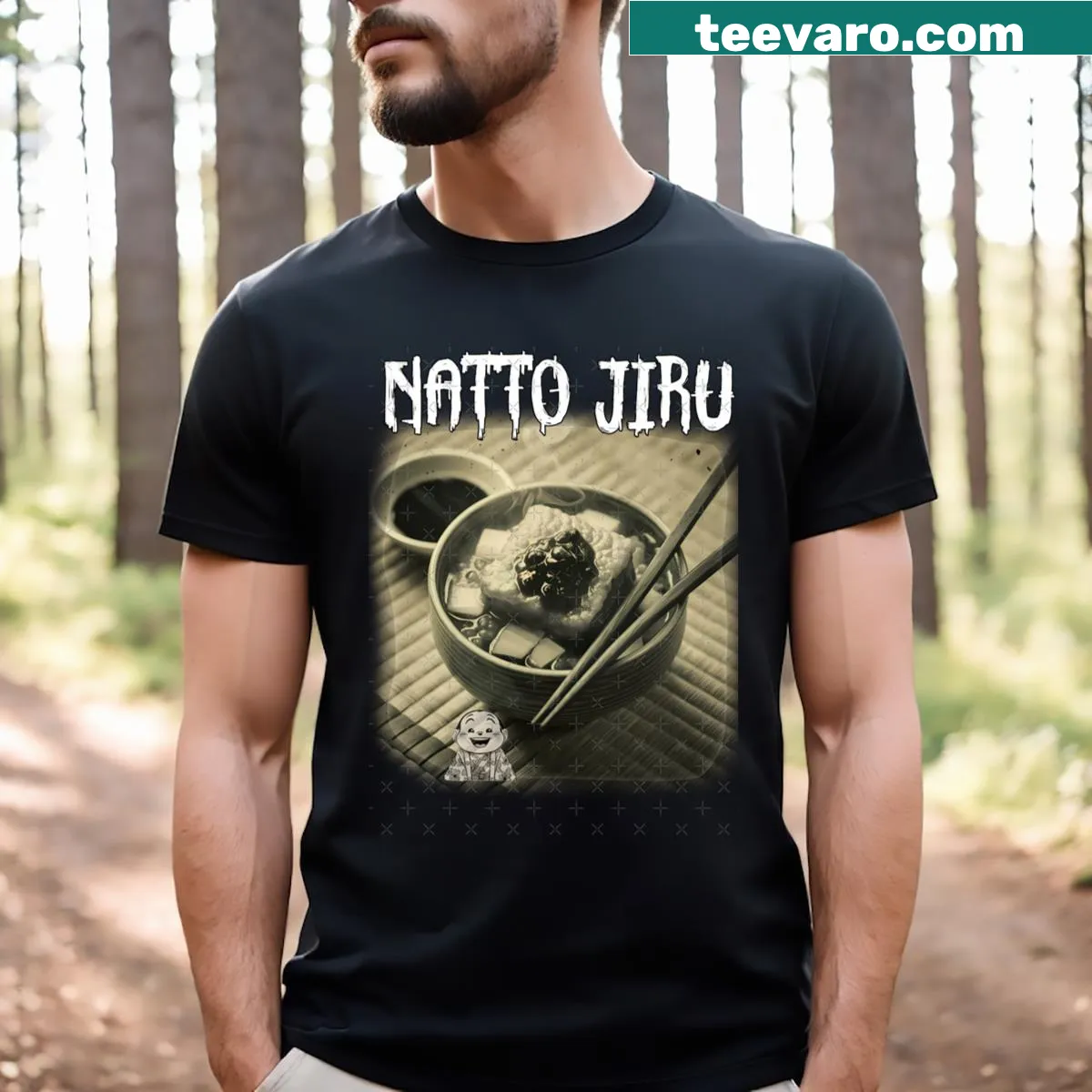 Graphic T-shirt featuring 'Natto Jiru' text related to Japanese cuisine — on a men's t-shirt