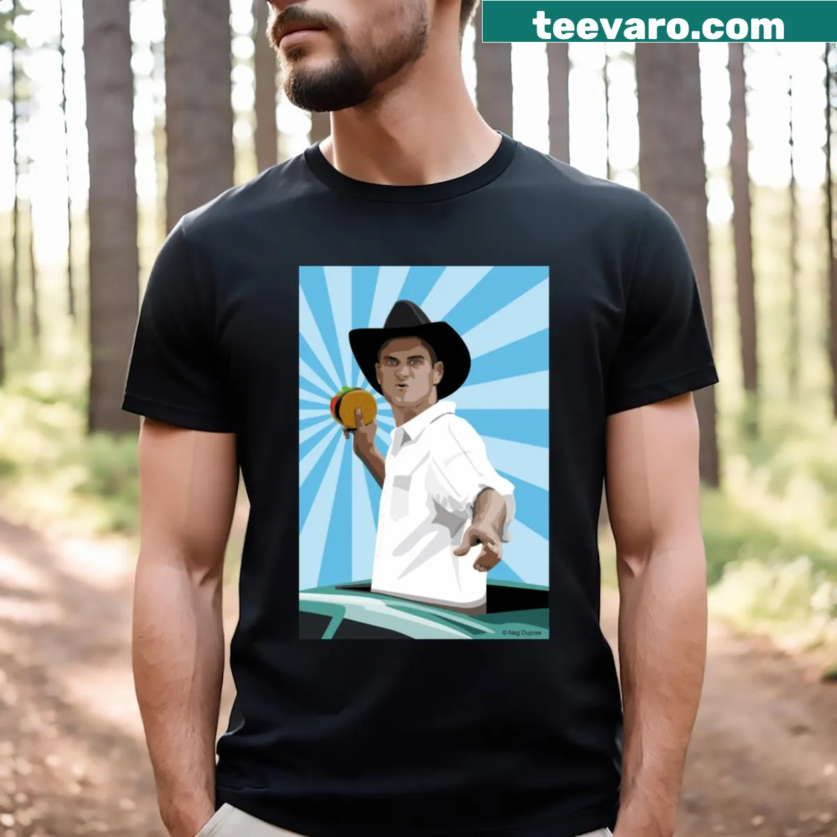 Playful typography T-shirt with 'Neg The Urban Cowboy' text — on a men's t-shirt