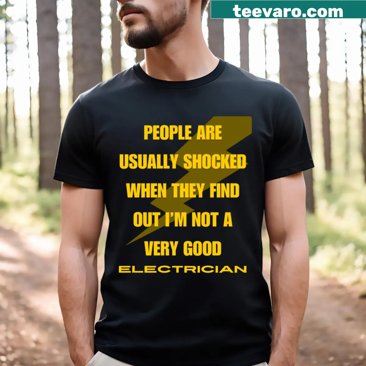 Humorous Not A Good Electrician shirt with meme-style graphic — on a men's t-shirt