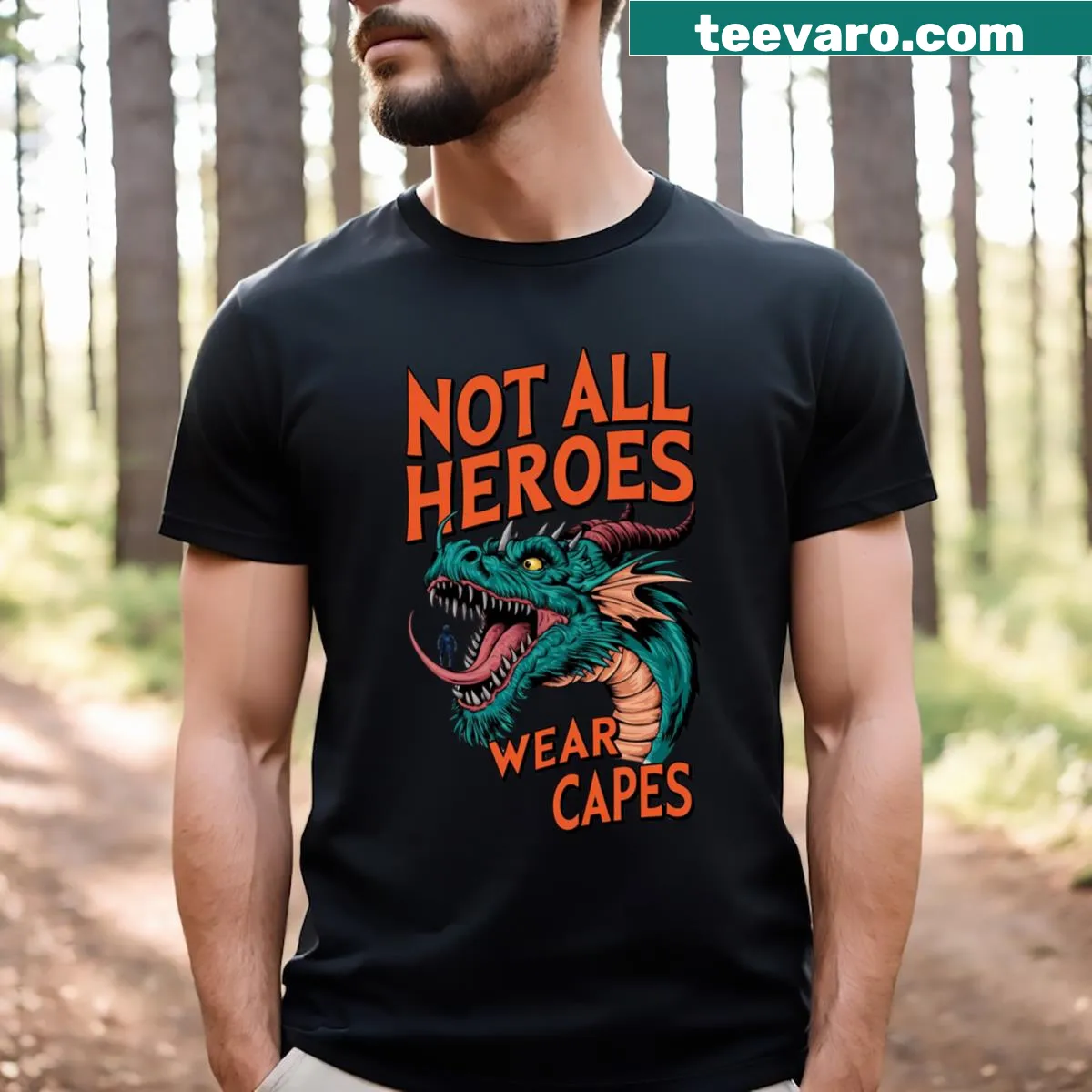 Illustrated t-shirt featuring a dragon in a heroic pose with the phrase 'Not All Heroes Wear Capes' — on a men's t-shirt