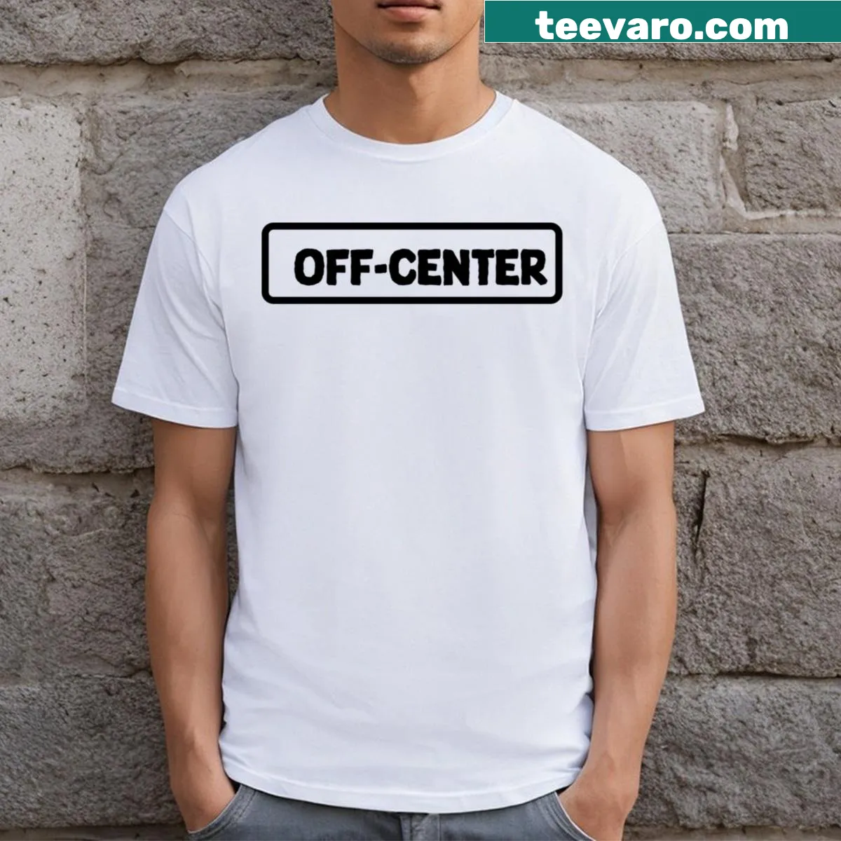 Minimalist T-shirt with off-center typography — on a men's t-shirt
