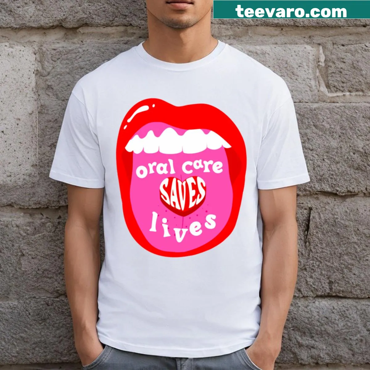 Meaningful Oral Care Saves Lives graphic on T-shirt — on a men's t-shirt