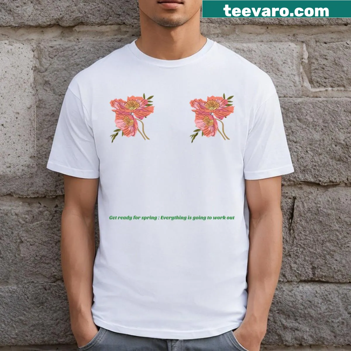 Illustrated peony flower graphic T-shirt — on a men's t-shirt