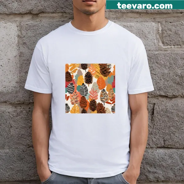 Autumn art featuring pine cones and leaves on a T-shirt