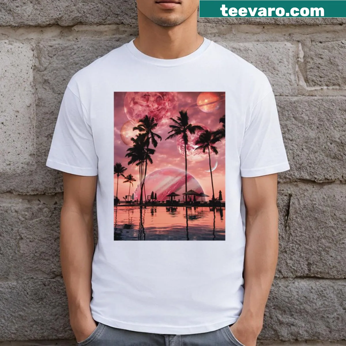 Dreamy pink universe graphic on a T-shirt — on a men's t-shirt