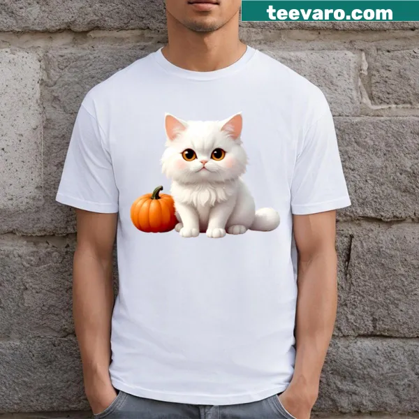 Cute cartoon of a white cat next to a pumpkin, perfect for Halloween lovers.