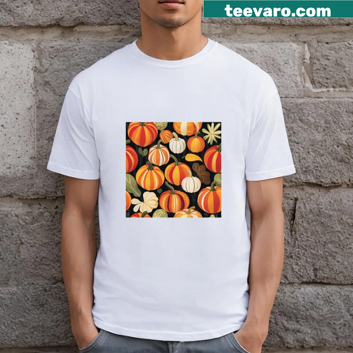 Vintage distressed design featuring pumpkins and rustic leaves for Thanksgiving. — on a men's t-shirt