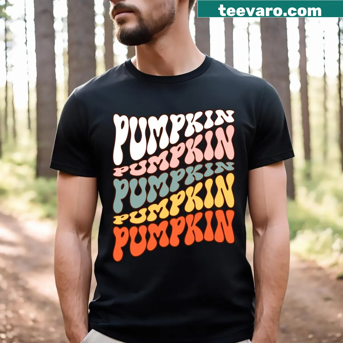 Retro-style autumn-themed T-shirt celebrating pumpkin season — on a men's t-shirt