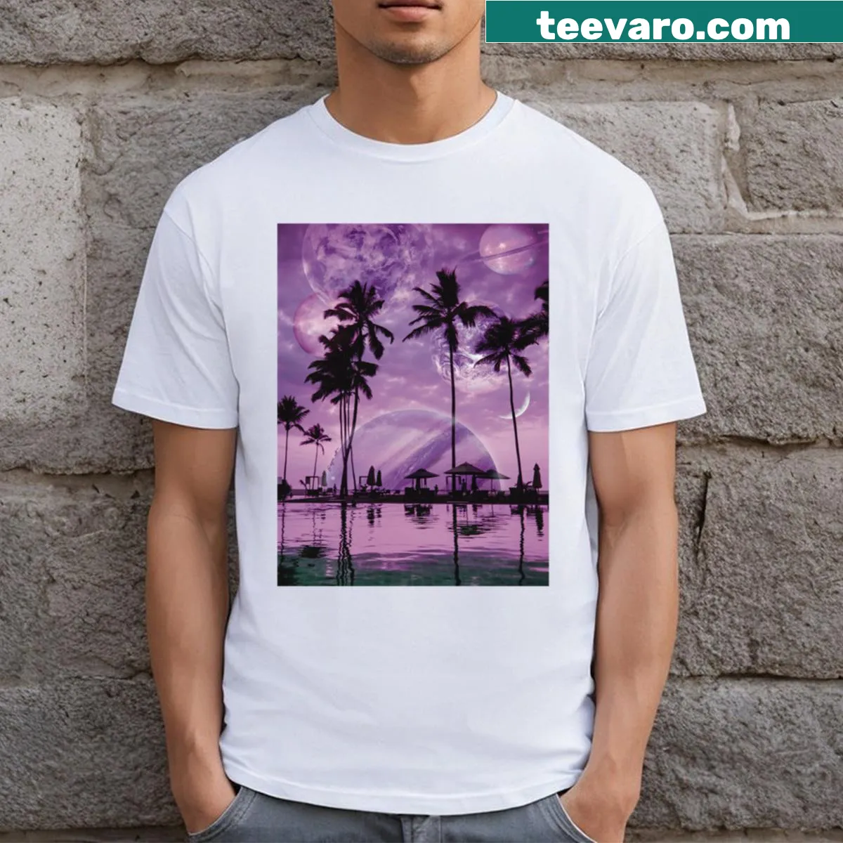 Playful T-shirt depicting a whimsical purple universe design — on a men's t-shirt