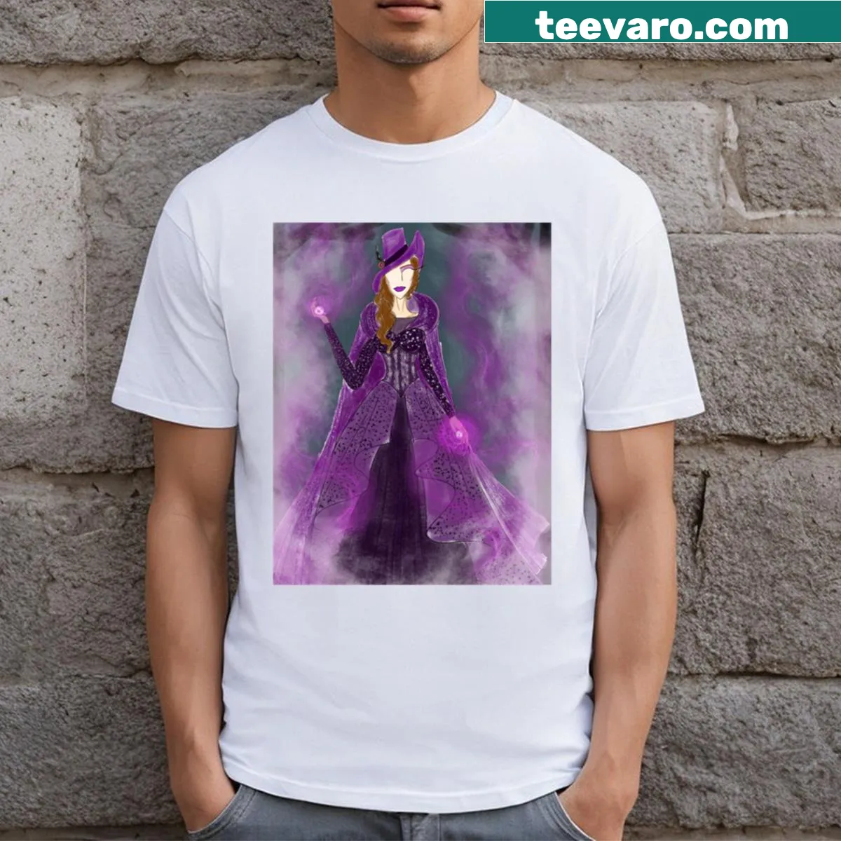 Whimsical T-shirt featuring a purple witch illustration with stars — on a men's t-shirt