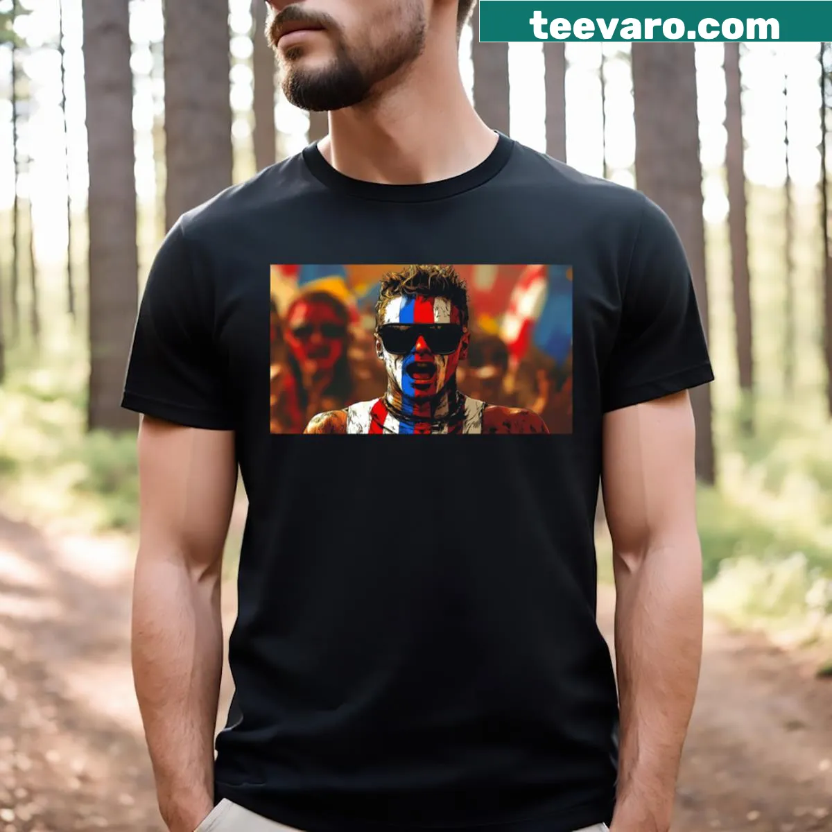 Playful racing-themed T-shirt with dynamic graphic art — on a men's t-shirt