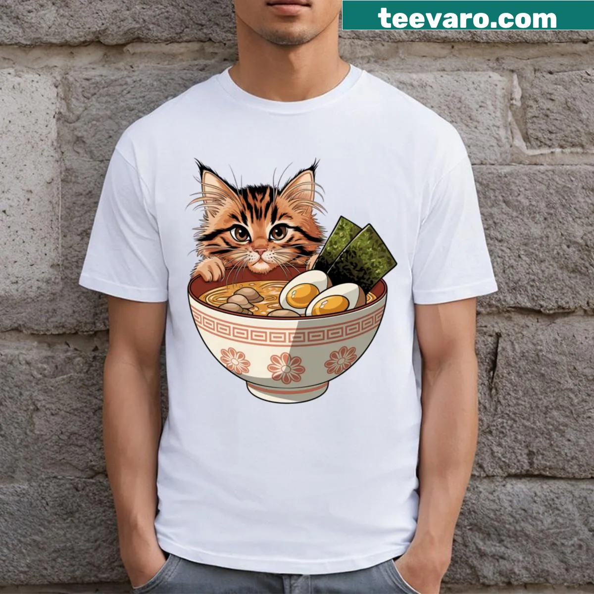 Cute T-shirt featuring a cat with ramen and eggs in a whimsical illustration — on a men's t-shirt