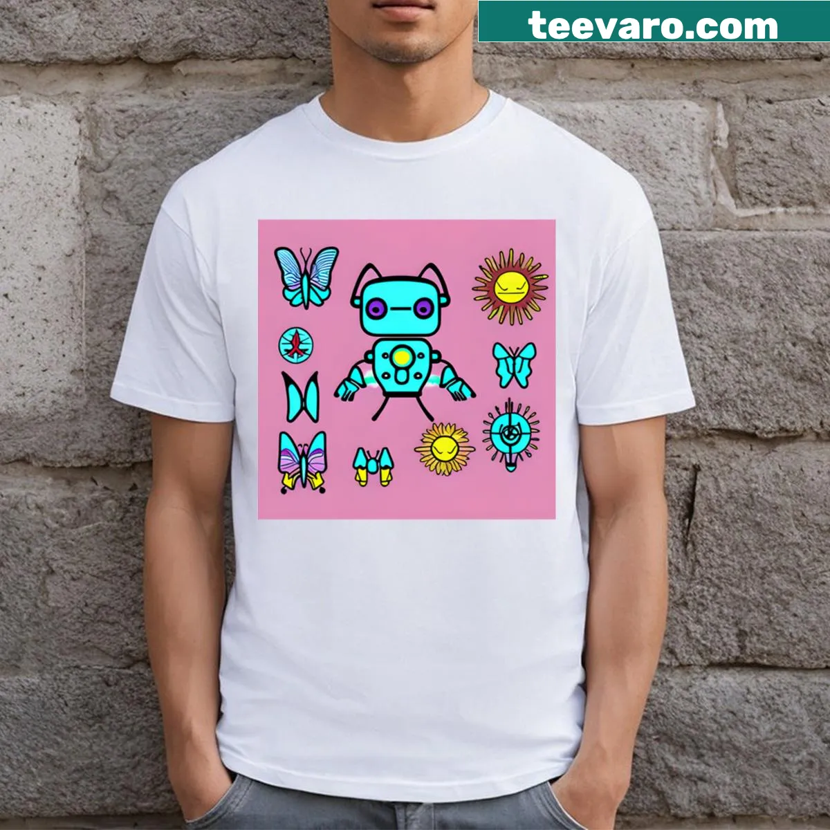 Illustration of a robot with butterflies and a sun on a T-shirt — on a men's t-shirt