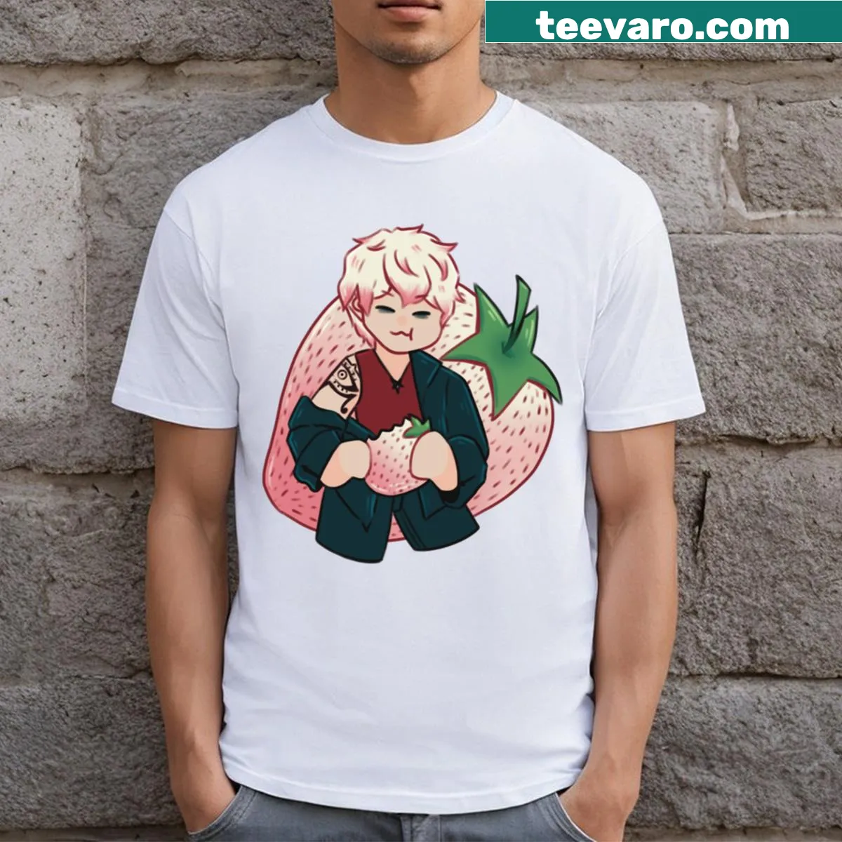 Cute Saeran chibi graphic surrounded by strawberries on a t-shirt. — on a men's t-shirt