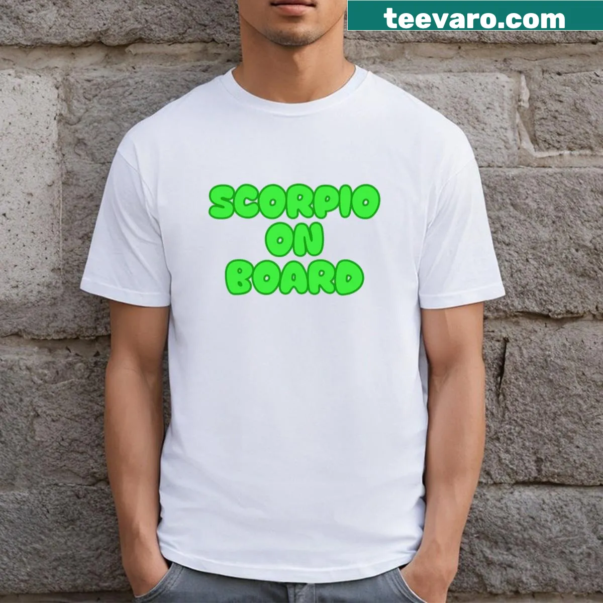 T-shirt with 'Scorpio On Board' text in bold typography. — on a men's t-shirt