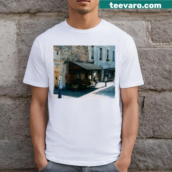 Realistic graphic of a fantasy street market on a t-shirt
