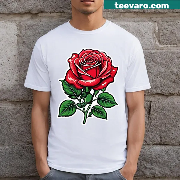 Illustration of a stylized rose in tattoo flash style on a t-shirt