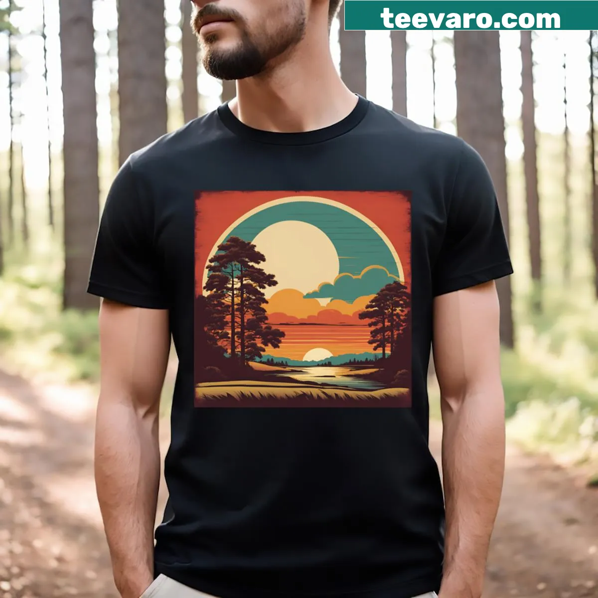 Illustrated sunset over a forest scene on a t-shirt, capturing nature's beauty — on a men's t-shirt