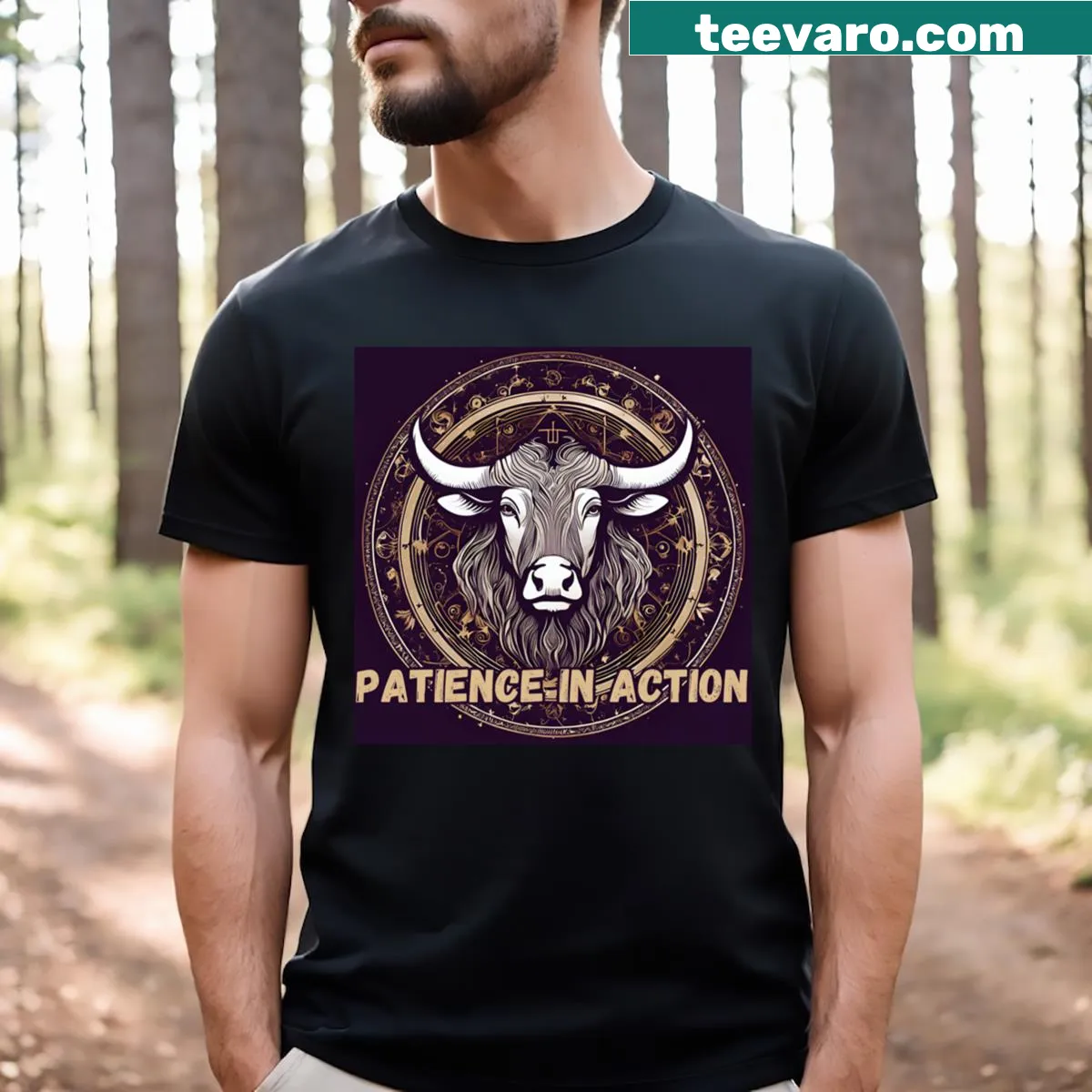 T-shirt featuring an intricate Taurus Zodiac sign design — on a men's t-shirt